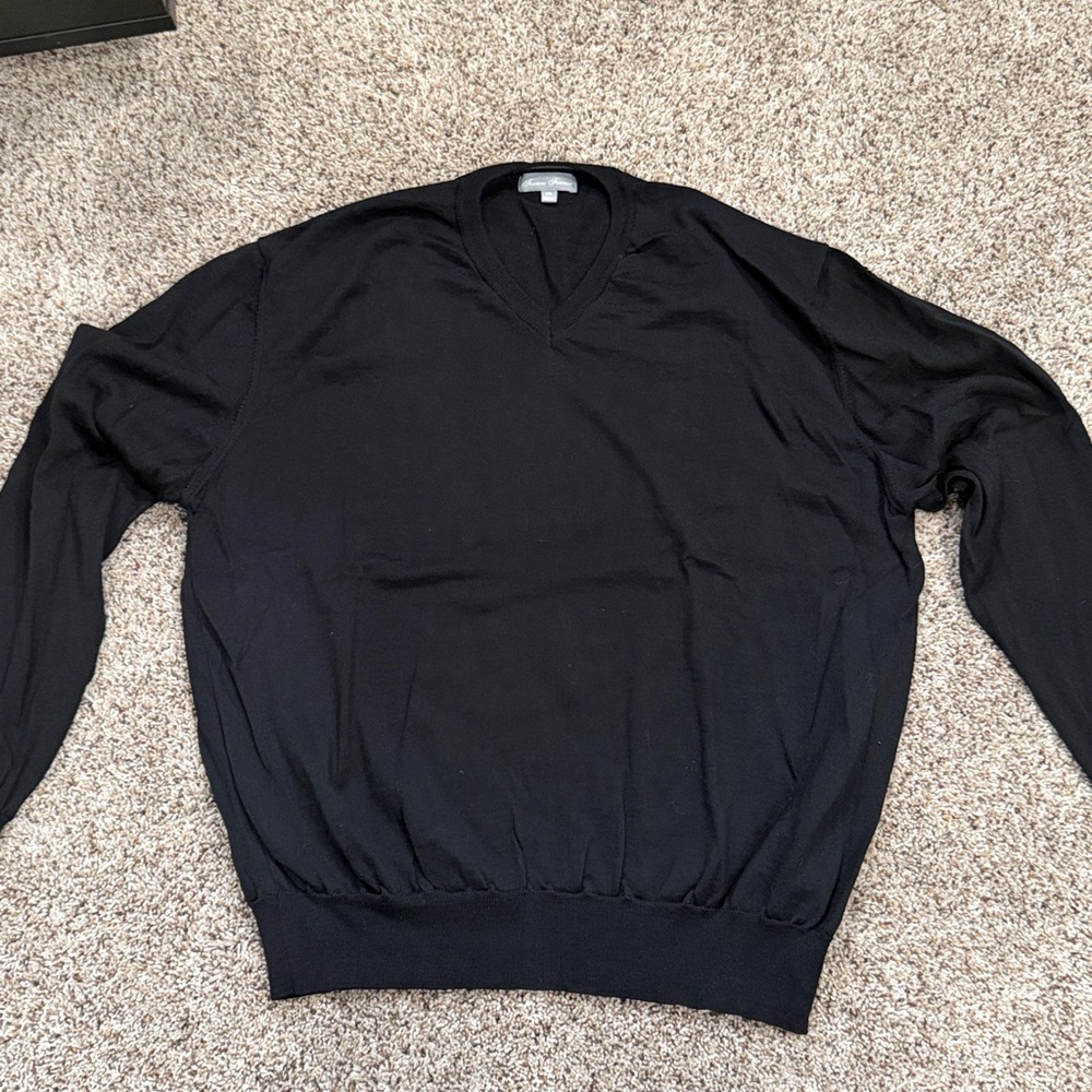 Black V-Neck Knit Sweater 100% Merino Wool Size XXL